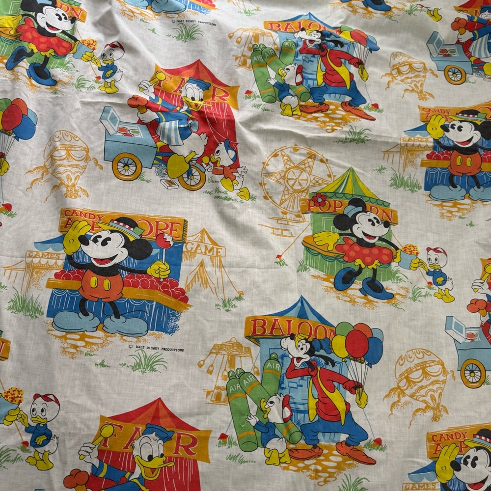 Mickey Mouse Flat Twin Sheet 1970s Disney Carnival Vintage Minnie Goofy Donald